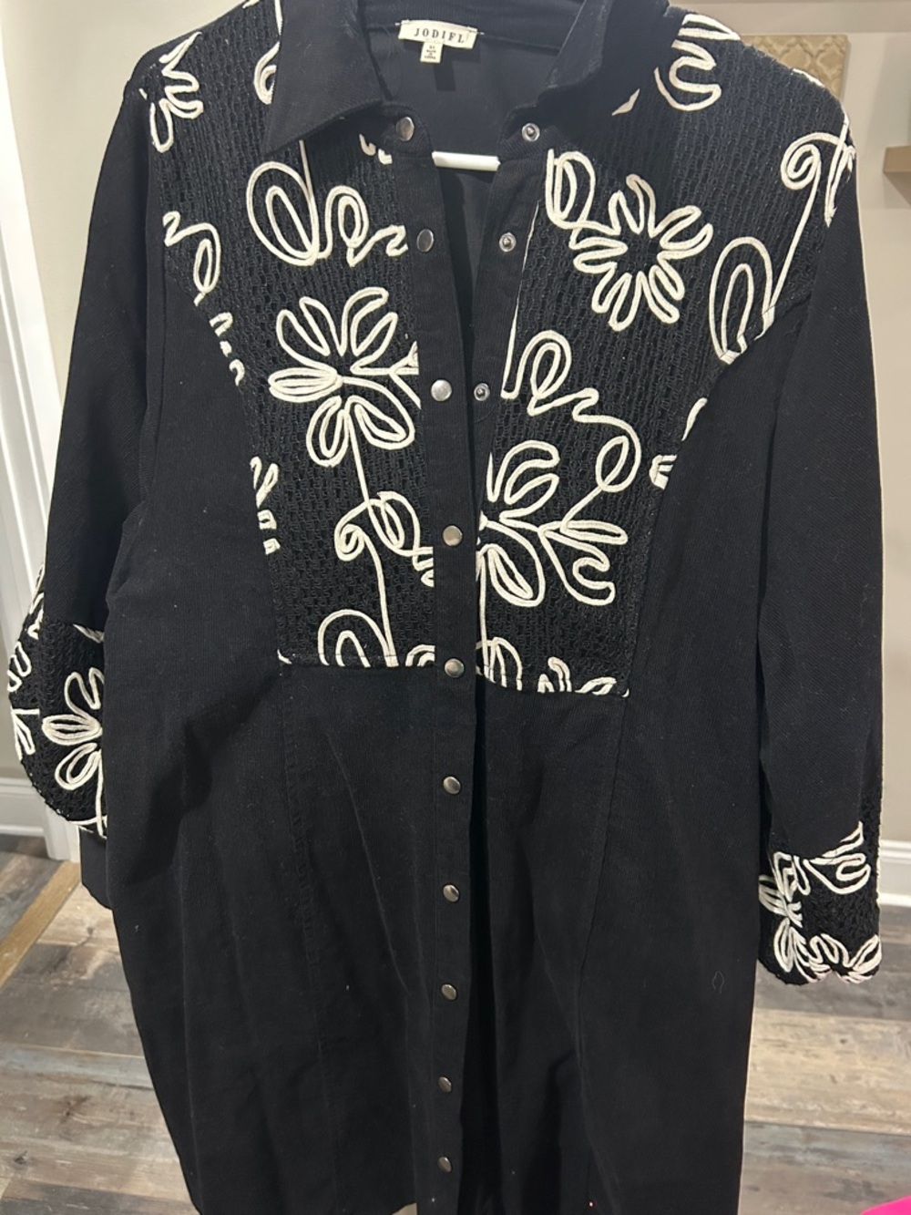 JODIFL Black corduroy button up dress with White Floral Rope Embroidery